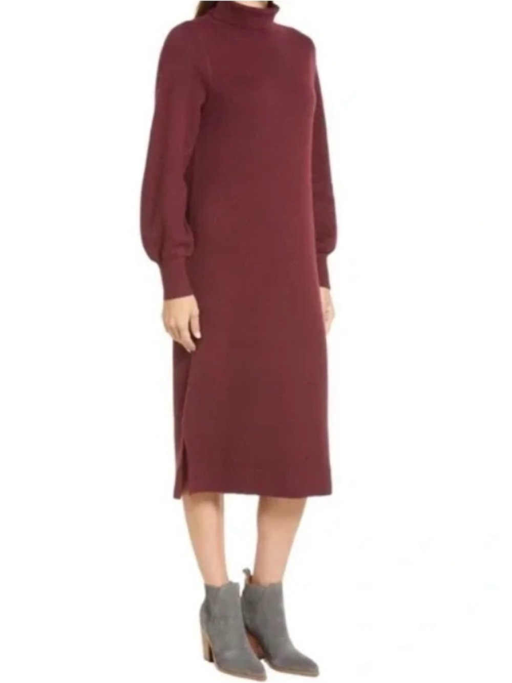 Caslon Double Knit Long Sleeve Turtleneck Sweater Dress in wine color Large L